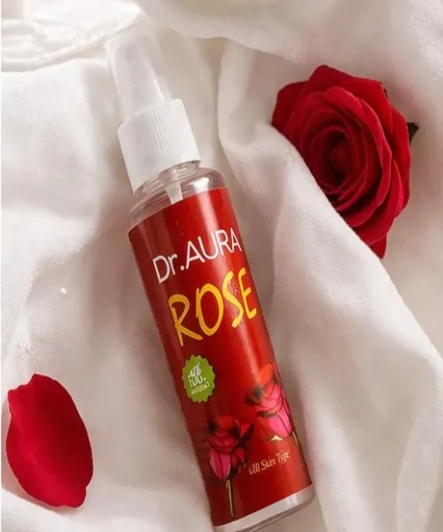 Pure organic rose water spray for all skin types by a top beauty brand.