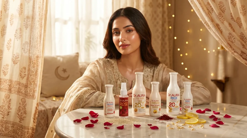Dr. AURA skincare products in a warm Eid-themed setting with festive lighting, rose petals, and natural beauty elements.