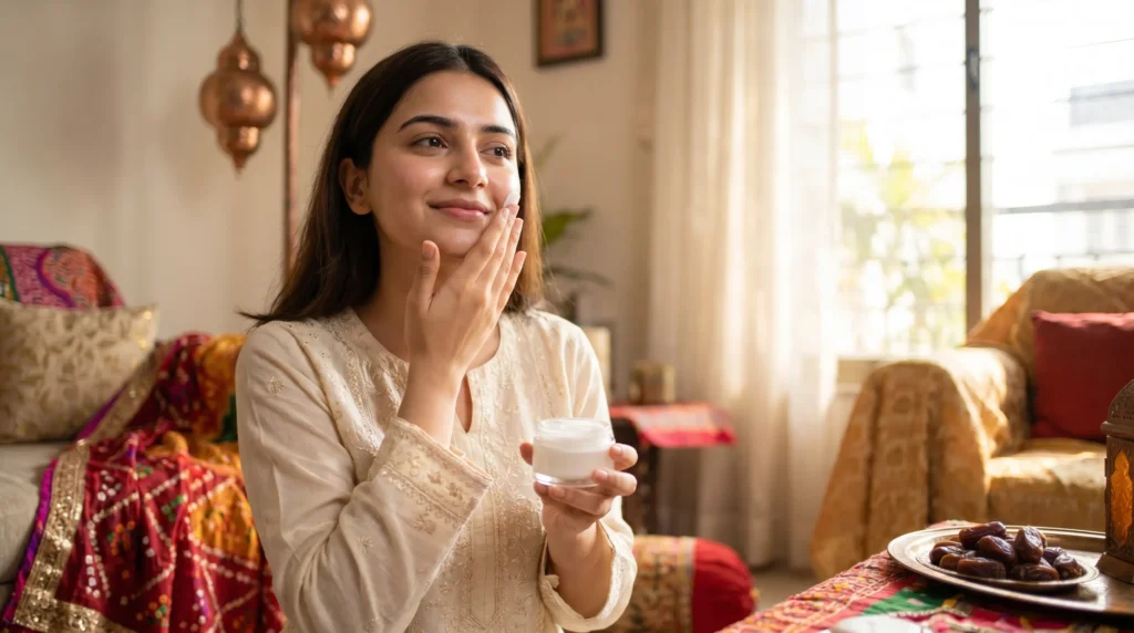 Eid skincare routine 2026 Pakistan, woman applying moisturizer, glowing hydrated skin