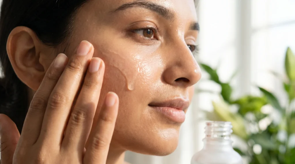 Glass skin with hyaluronic acid serum, Eid glow skincare Pakistan hydration concept.