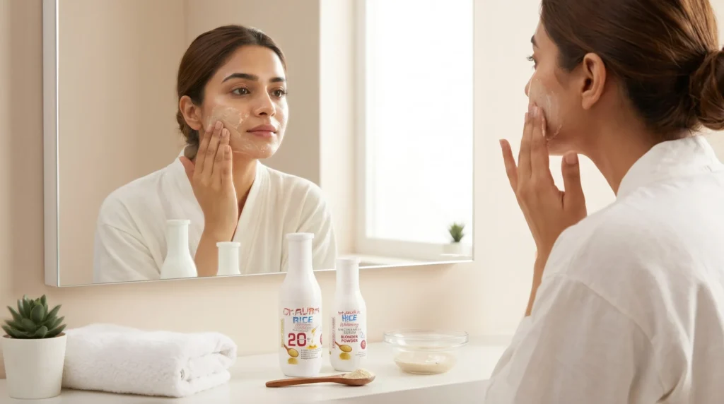 Pakistani woman applying and guide how to use skin polish correctly at home for glowing and smooth skin