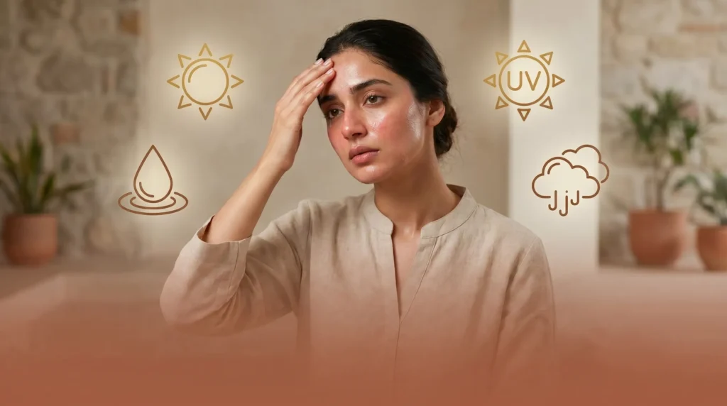 Pakistani woman following Eid ul Adha skincare routine in Pakistan to protect skin from summer heat, UV rays, dehydration and humidity