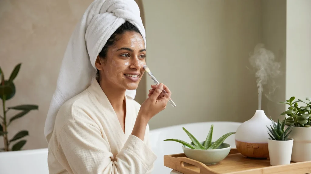 Post-Eid aloe vera mask skincare, soothing skin repair Pakistan wellness routine.
