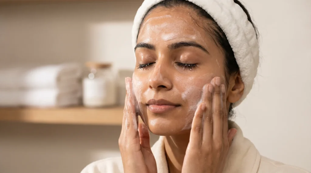 Woman cleansing face, Eid skincare hydration routine Pakistan, skin barrier care.