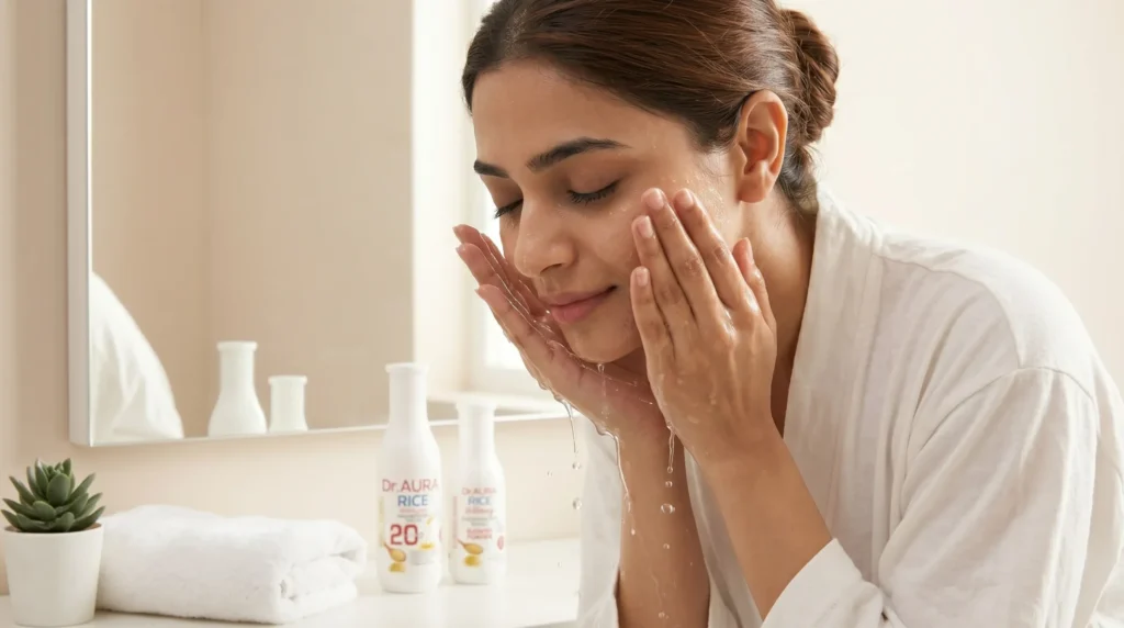 Woman cleansing face before skin polishing treatment at home