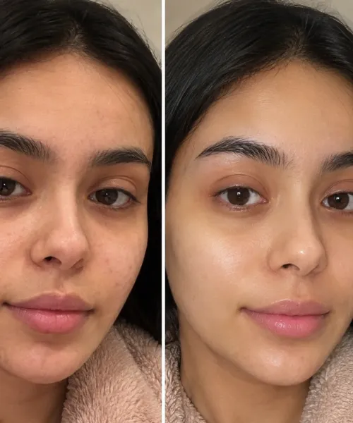 Before and after using organic skincare products for dull to glowing skin transformation