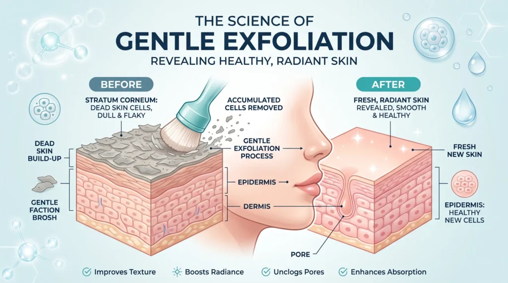 Gentle exfoliation removing dead skin cells to improve skin texture, brightness, and glass skin results