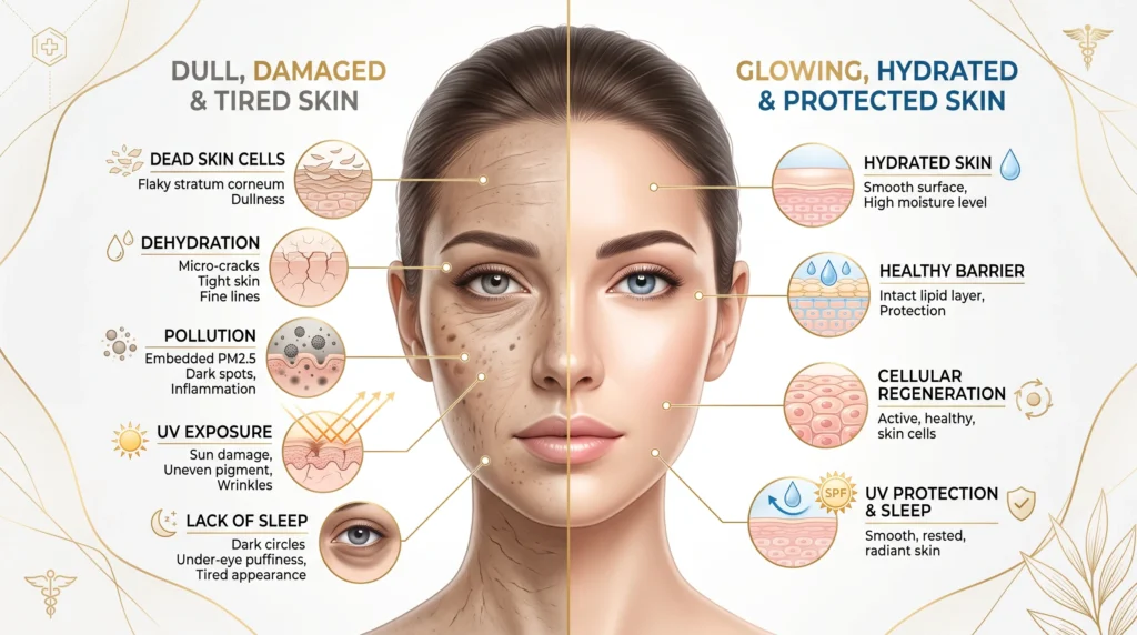 Dead skin cells and dehydration causing dull-looking skin