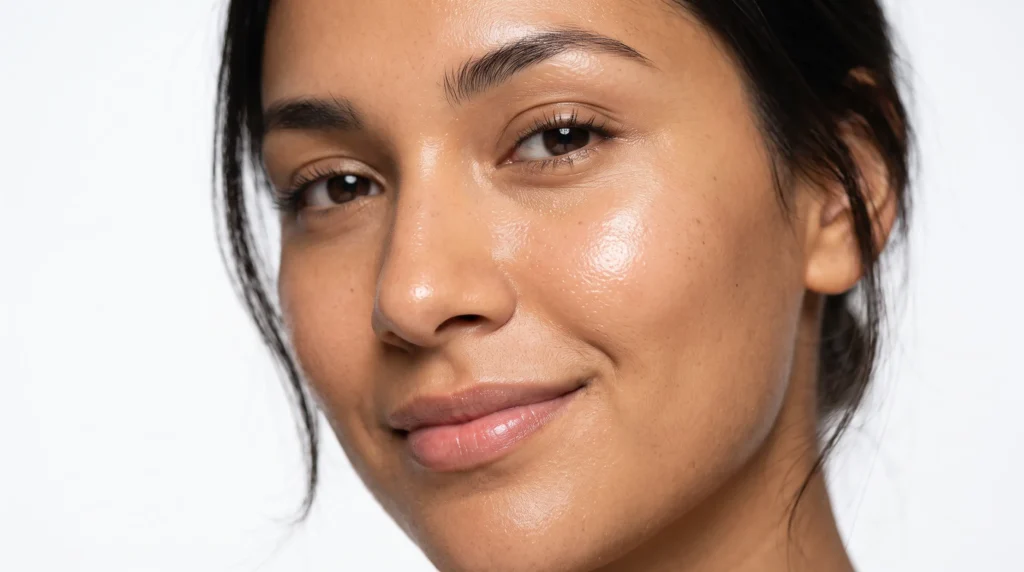 Healthy hydrated glowing skin with smooth texture and even complexion